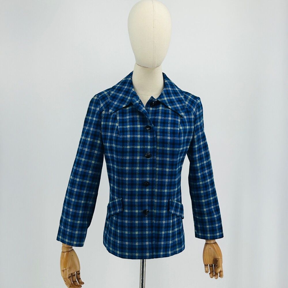 60s/70s Pendleton Blue Plaid 100% WOOL Preppy Jacket Size M